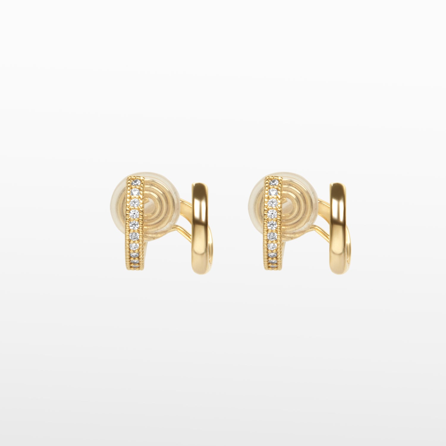 Image of the Double Hoop Pave Clip-On Earrings in Gold are ideal for all ear types, offering medium secure hold and adjustable padding. Crafted in gold plated copper and embellished with Cubic Zirconia, expect a comfortable wear of up to 24 hours. Please note, product is sold as one single pair.