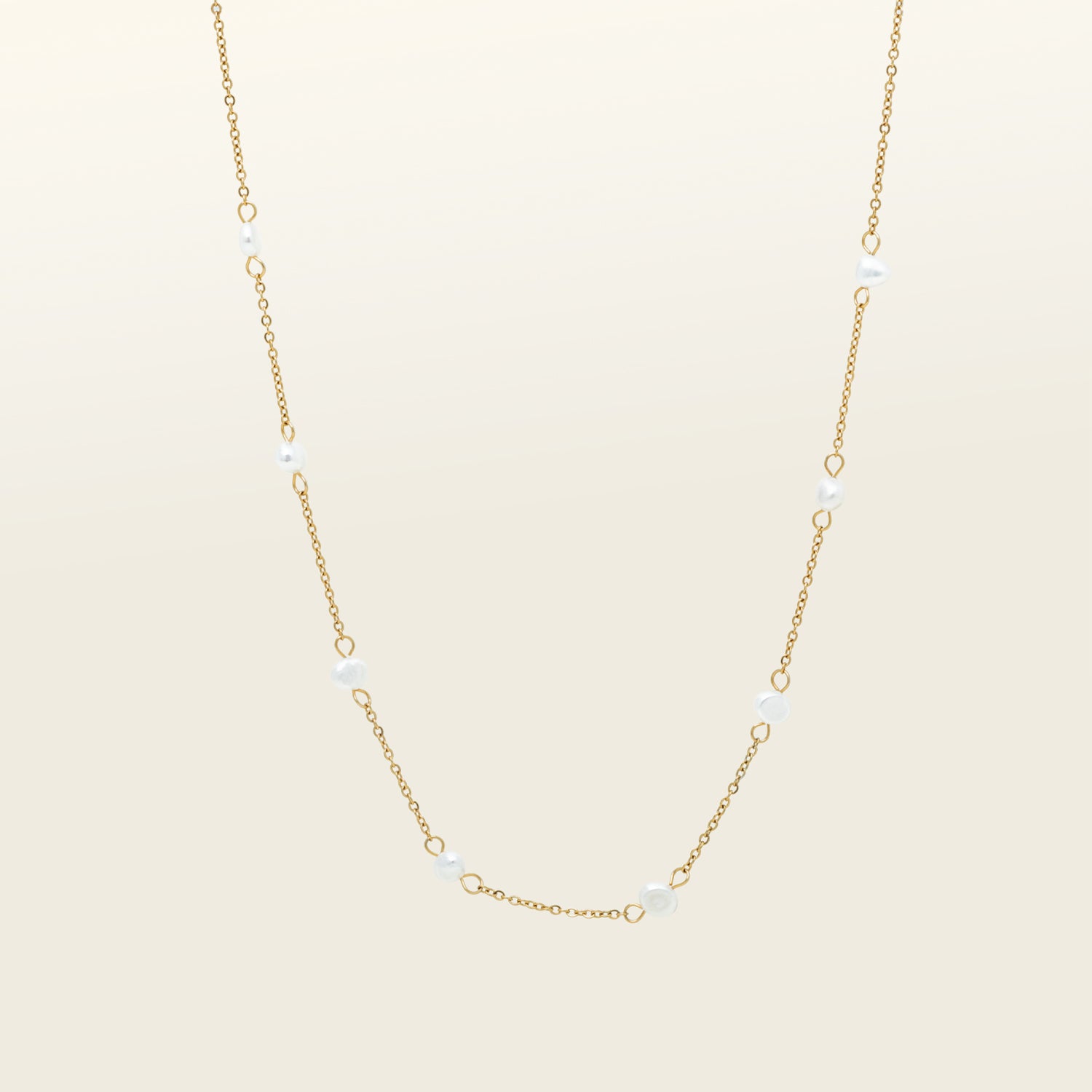 Image of the Elena Pearl Necklace is adjustable and crafted from Freshwater Pearls, 18K Gold Plated Stainless Steel, and is waterproof and hypoallergenic. Each pearl may vary slightly in size and colour due to its natural characteristics.