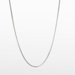 Image of the 2mm Square Box Chain crafted from high-grade Stainless Steel, measuring 22 inches / 56 cm in length and 2 mm in width. Weighing 5.8 grams, this chain is non-tarnishing and water-resistant.