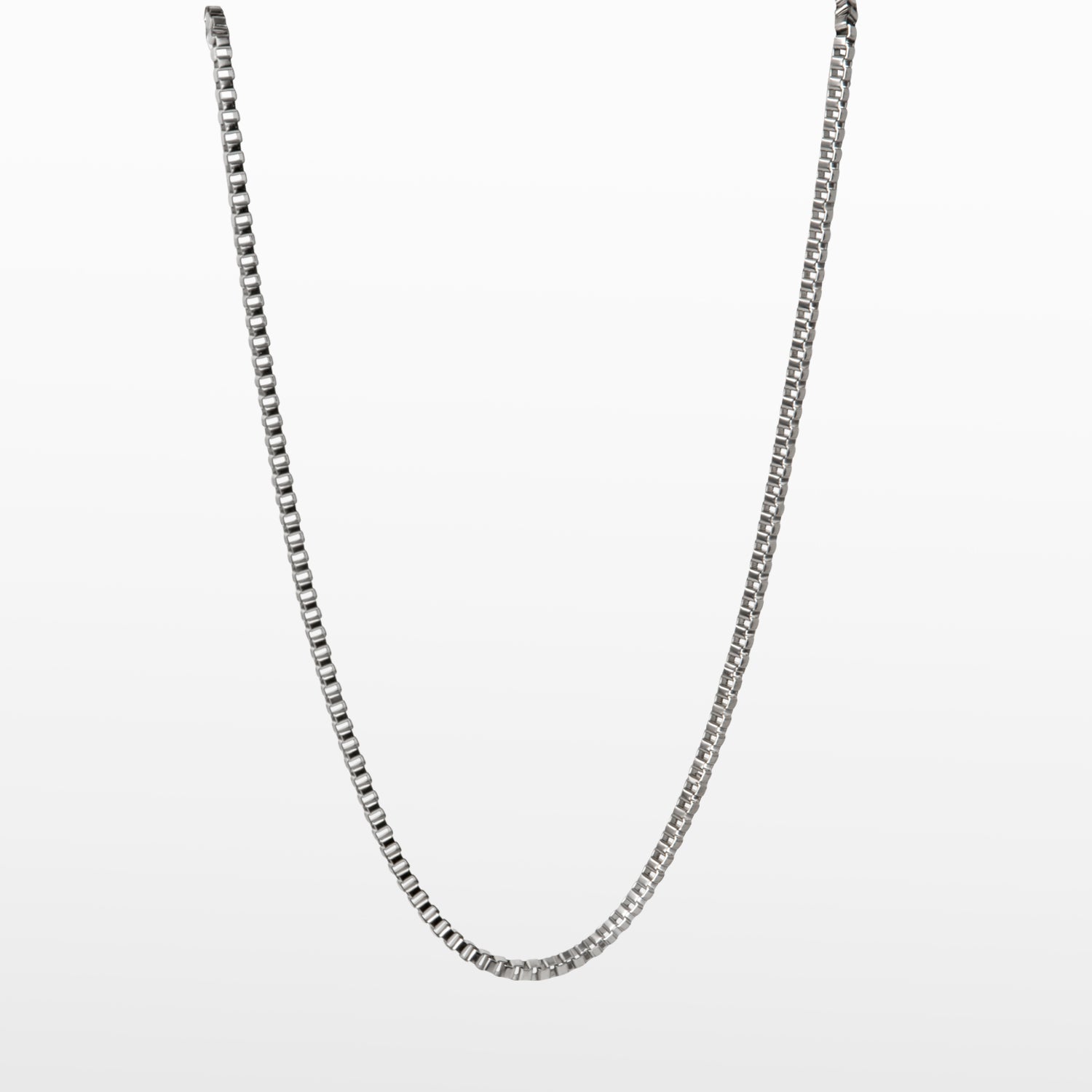 Image of the 3.5mm Square Box Chain crafted from high-grade Stainless Steel, measuring 22 inches / 56 cm in length and 2 mm in width. Weighing 5.8 grams, this chain is non-tarnishing and water-resistant.