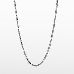 Image of the 3.5mm Square Box Chain crafted from high-grade Stainless Steel, measuring 22 inches / 56 cm in length and 2 mm in width. Weighing 5.8 grams, this chain is non-tarnishing and water-resistant.
