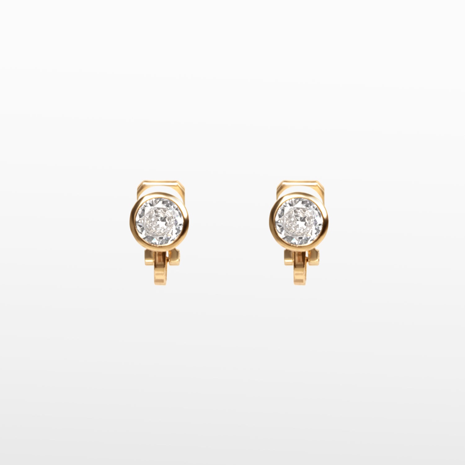 Image of the Bezel Stud Clip-On Earrings in Gold provide a secure hold for up to 12 hours. Made of gold tone plated copper and Cubic Zirconia, these earrings feature a padded closure type that works with all ear types, including thick, large, sensitive, small, thin, and stretched or healing ears. Please note that item being sold is only one pair.