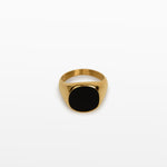 Image of the Black Signet Ring is crafted with 18K Gold Plating, which is resistant to tarnishing and water damage.