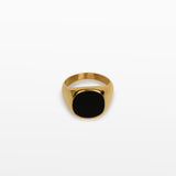 Image of the Black Signet Ring is crafted with 18K Gold Plating, which is resistant to tarnishing and water damage.