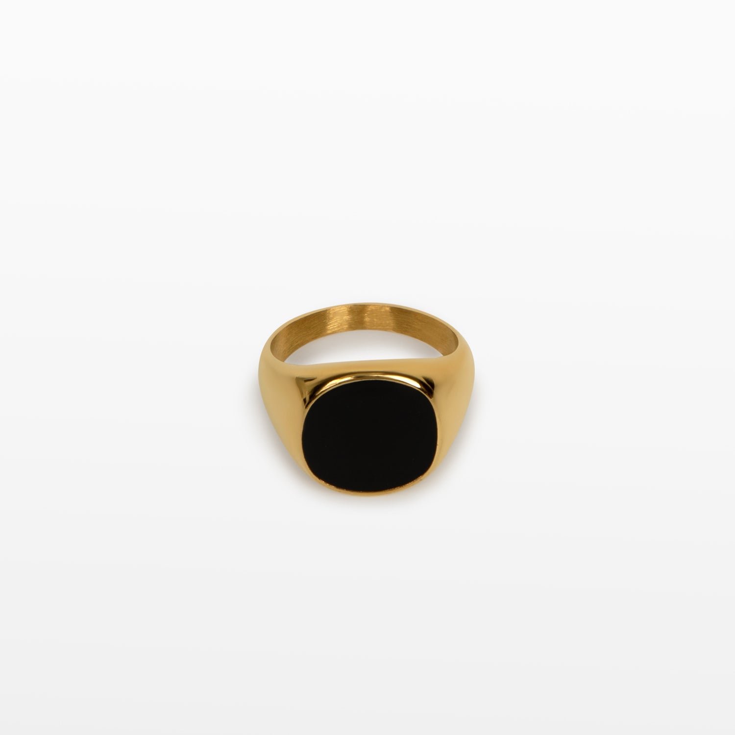 Image of the Black Signet Ring is crafted with 18K Gold Plating, which is resistant to tarnishing and water damage.