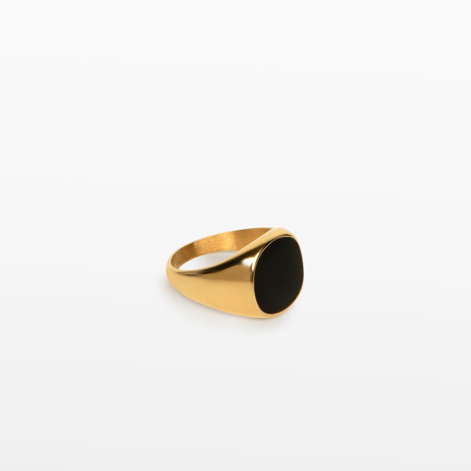 Image of the Black Signet Ring is crafted with 18K Gold Plating, which is resistant to tarnishing and water damage.