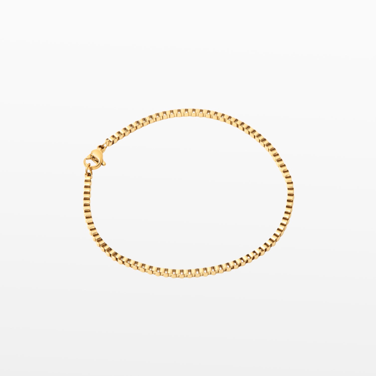 Image of the Box Chain Bracelet in Gold is 18K Gold Plated, offering a non-tarnish, water-resistant finish.