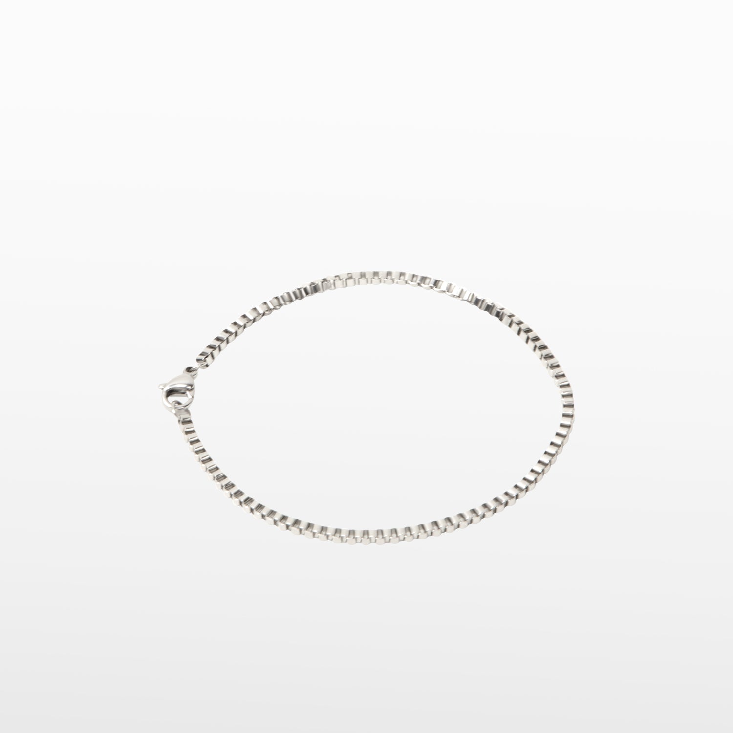 Image of the Box Chain Bracelet in Silver is Stainless Steel, offering a non-tarnish, water-resistant finish.