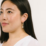 A model wearing the Sophia Clip On Earrings are designed for thick/large ears and sensitive ears alike. These earrings feature mosquito coil clip-on closures with a 24-hour average comfortable wear duration. Their medium secure hold can be adjusted gently by squeezing the padding forward once on the ear. Crafted with 14K gold plating, simulated faux pearl, and cubic zirconia, these earrings are lead/nickel/cadmium free and sold in single pairs.