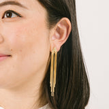 A model wearing the Chain Chandelier Clip On Earrings in Gold embody a removable rubber padding for secure yet comfortable holding of all ear types, with up to 12 hours of wear. This single pair, fashioned from gold tone copper alloy, offers an immediate air of refinement and distinction.