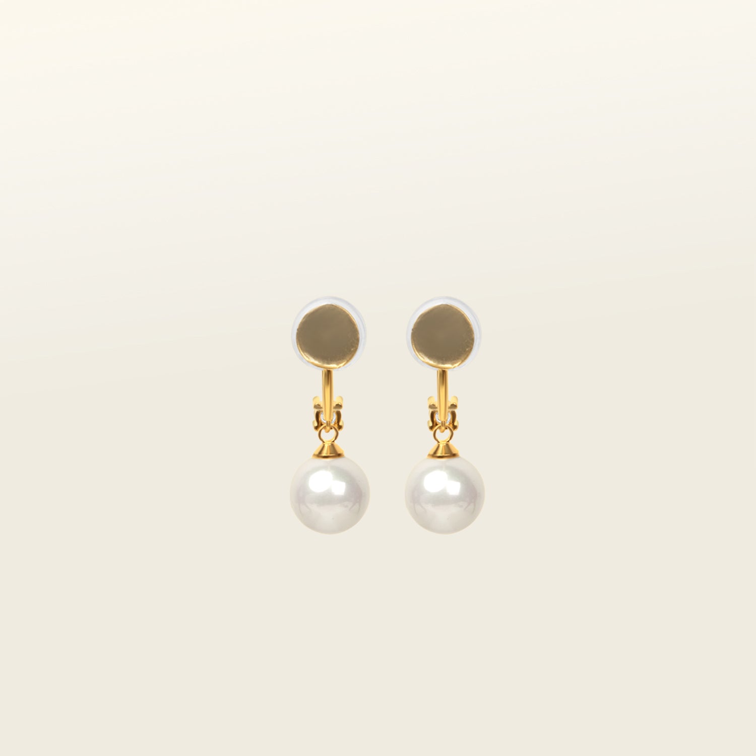 Image of the Claire Pearl Clip On Earrings in Gold bear Mosquito Coil Clip-Ons, offering a secure, comfortable fit for all types of ears - from Thick/Large to Sensitive, Small/Thin, and even Stretched/Healing - for up to 24 hours. Meticulously fashioned from 18K Gold plated metal alloy, Cubic Zirconia, and Simulated Faux Pearl, this chic design is Non-Tarnish and Water Resistant.