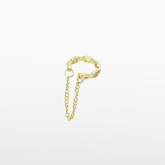 Image of the Double Chain Ear Cuff in Gold features a clip-on closure type that is suitable for all ear types, including thick/large ears, sensitive ears, small/thin ears and stretched/healing ears. On average, it allows for comfortable wear duration of up to 24 hours, providing a medium secure hold that can be adjusted if gently squeezed. Made of goldtone plated zinc alloy, the item is sold as one piece.