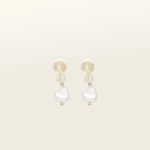 Image of the Duo Pearl Clip-On Earrings in Gold feature a mosquito coil clip-on closure ideal for all ear types. Enjoy medium secure hold and comfortable wear for up to 24 hours - gently squeezing the padding forward once on the ear for adjustable fit. Crafted with freshwater pearls and 18K gold plated stainless steel, each piece features unique natural variations in size and colour.