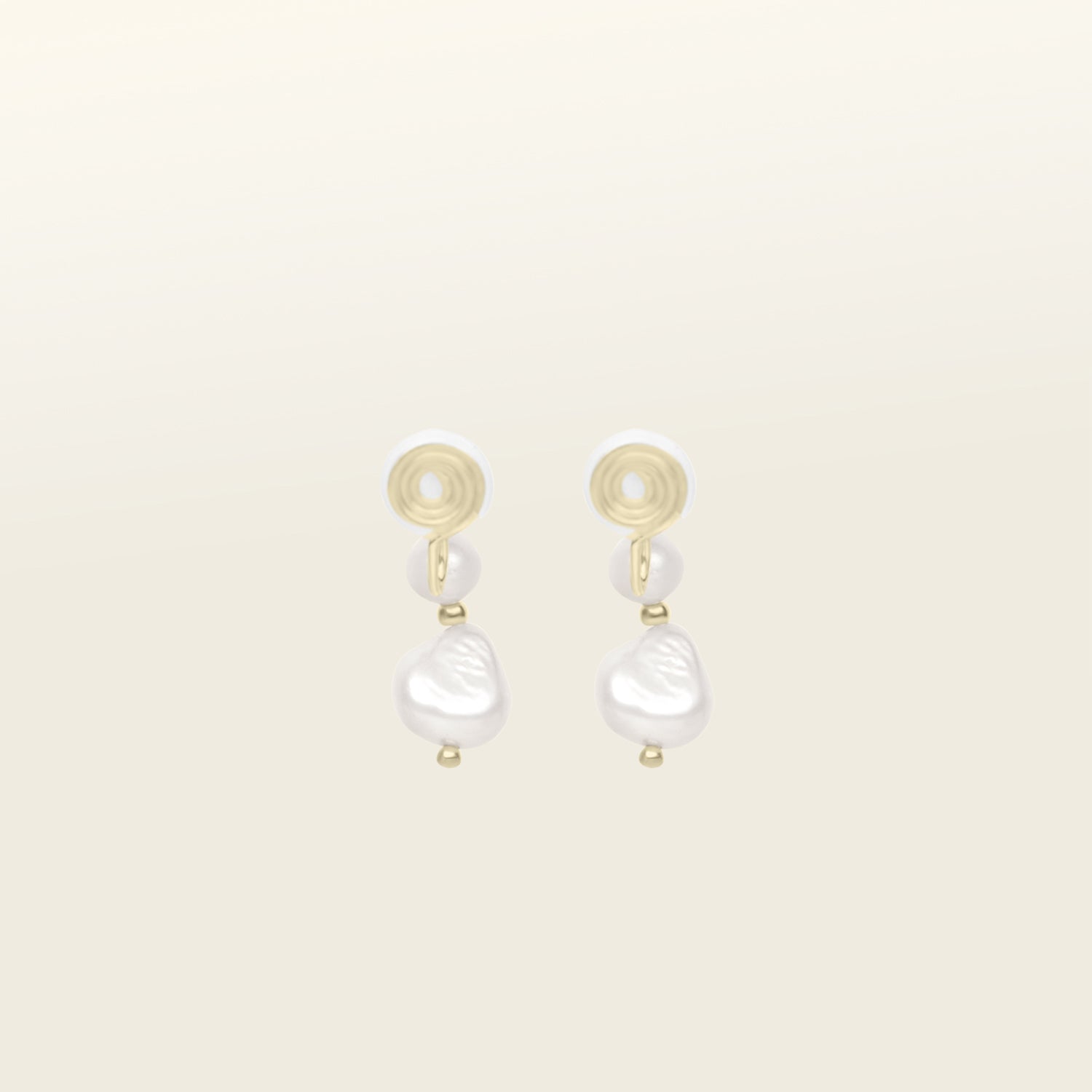 Image of the Duo Pearl Clip-On Earrings in Gold feature a mosquito coil clip-on closure ideal for all ear types. Enjoy medium secure hold and comfortable wear for up to 24 hours - gently squeezing the padding forward once on the ear for adjustable fit. Crafted with freshwater pearls and 18K gold plated stainless steel, each piece features unique natural variations in size and colour.