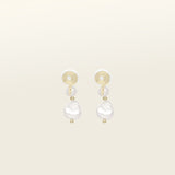 Image of the Duo Pearl Clip-On Earrings in Gold feature a mosquito coil clip-on closure ideal for all ear types. Enjoy medium secure hold and comfortable wear for up to 24 hours - gently squeezing the padding forward once on the ear for adjustable fit. Crafted with freshwater pearls and 18K gold plated stainless steel, each piece features unique natural variations in size and colour.