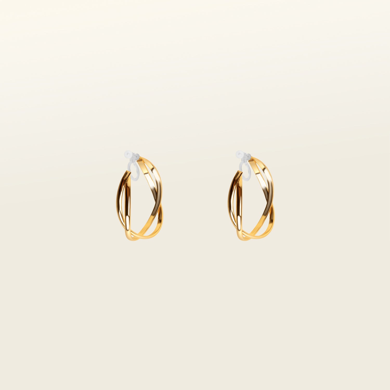 Image of the Gold Vienna Hoop Clip-On Earrings feature a resin clip-on closure with medium secure hold. The earrings are suitable for all types of ears, with an average comfortable wear time of 8-12 hours. No adjustments can be made. Constructed with gold tone metal alloy, these earrings are also available in silver.