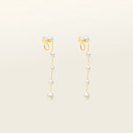 Image of the Lune Pearl Clip-On Earrings in Gold feature a unique, secure mosquito coil clasp. They are ideal for all ear types, from thick and large ears to sensitive and small. With medium hold strength, the earrings can be comfortably worn up to 24 hours and easily adjusted. Crafted with freshwater pearls, each pair may display natural variations in size and color. Materials include freshwater pearl and 18K gold-plated stainless steel.