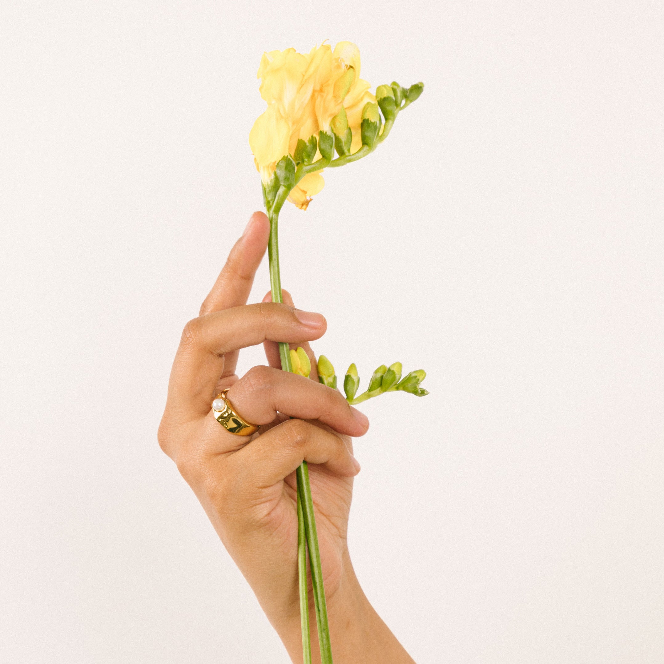 A model wearing the Madelyn Ring is designed with 18K Gold Plated over Stainless Steel, making it Non-Tarnish and Water Resistant. Adjustment is not possible as the item consists of a single ring.