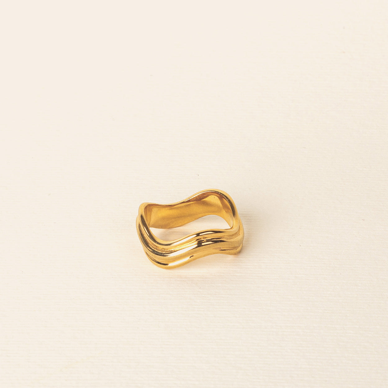 Image of the Triple Wave Ring features a non-tarnish, water-resistant stainless steel core plated in 18K gold. This item is sold as one item and cannot be adjusted.