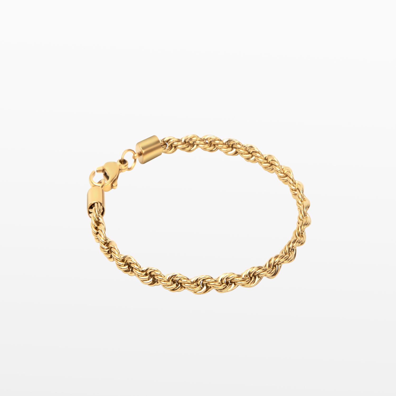 Image of the Twist Rope Chain Bracelet in Gold is crafted with high-quality 18K Gold plating, and features a length of 18cm and width of 4mm. Enjoy the additional benefits of its non-tarnish and water-resistant properties.