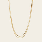 Image of the Twisted Double Layered Necklace consists of 14K Gold Plated Stainless Steel, providing water resistance, non-tarnishing, and leading, nickel, and cadmium free properties. Additionally, it is adjustable, though only one necklace is included.