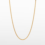 Image of the Twisted Rope Chain in Gold is crafted from thick 18K Gold Plated material. Dimensions are measured at 45cm, 50cm, or 55cm in length and 3mm in width. As an additional assurance, it is designed to be Allergy-free, Non-Tarnishable, and Water-resistant.