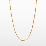 Image of the Twisted Rope Chain in Gold is crafted from thick 18K Gold Plated material. Dimensions are measured at 45cm, 50cm, or 55cm in length and 3mm in width. As an additional assurance, it is designed to be Allergy-free, Non-Tarnishable, and Water-resistant.