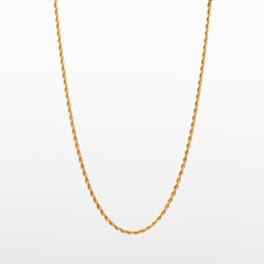 Image of the Twisted Rope Chain in Gold is crafted from thick 18K Gold Plated material. Dimensions are measured at 45cm, 50cm, or 55cm in length and 3mm in width. As an additional assurance, it is designed to be Allergy-free, Non-Tarnishable, and Water-resistant.