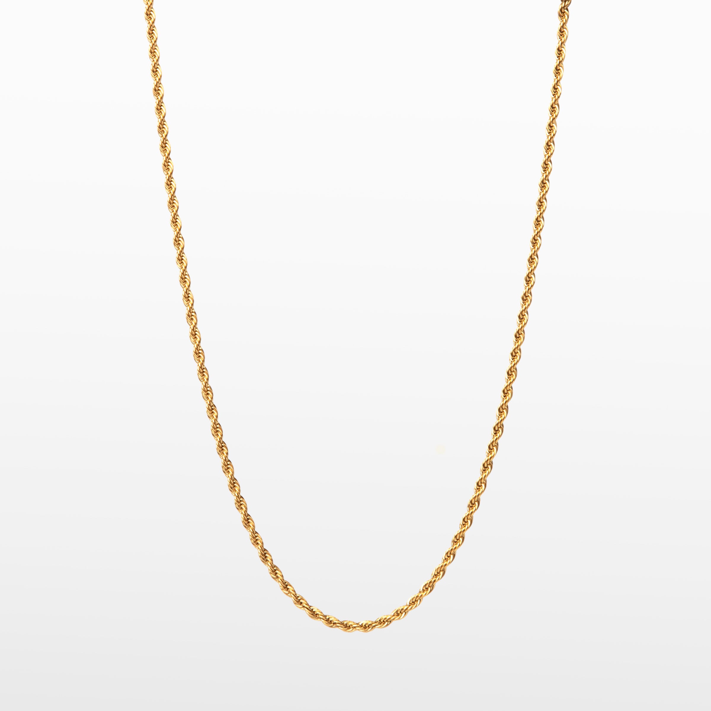 Image of the Twisted Rope Chain in Gold is crafted from thick 18K Gold Plated material. Dimensions are measured at 45cm, 50cm, or 55cm in length and 3mm in width. As an additional assurance, it is designed to be Allergy-free, Non-Tarnishable, and Water-resistant.