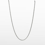 Image of the Twisted Rope Chain in Silver is crafted from durable stainless steel. It measures 45cm, 50cm, or 55cm in length and 3mm in width. Additionally, it is non-tarnishing, water-resistant, and safe for those with allergies.