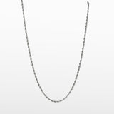 Image of the Twisted Rope Chain in Silver is crafted from durable stainless steel. It measures 45cm, 50cm, or 55cm in length and 3mm in width. Additionally, it is non-tarnishing, water-resistant, and safe for those with allergies.
