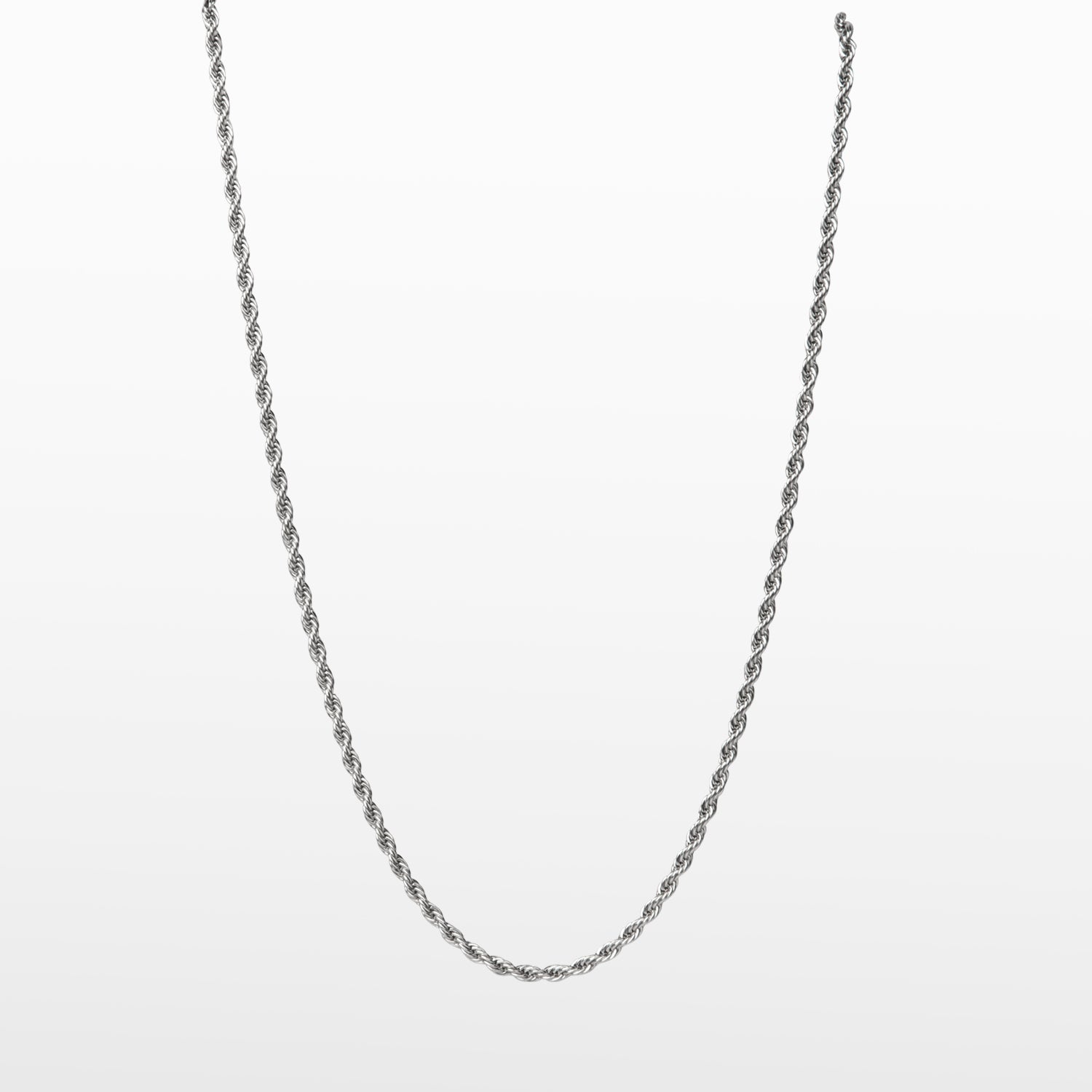 Image of the Twisted Rope Chain in Silver is crafted from durable stainless steel. It measures 45cm, 50cm, or 55cm in length and 3mm in width. Additionally, it is non-tarnishing, water-resistant, and safe for those with allergies.