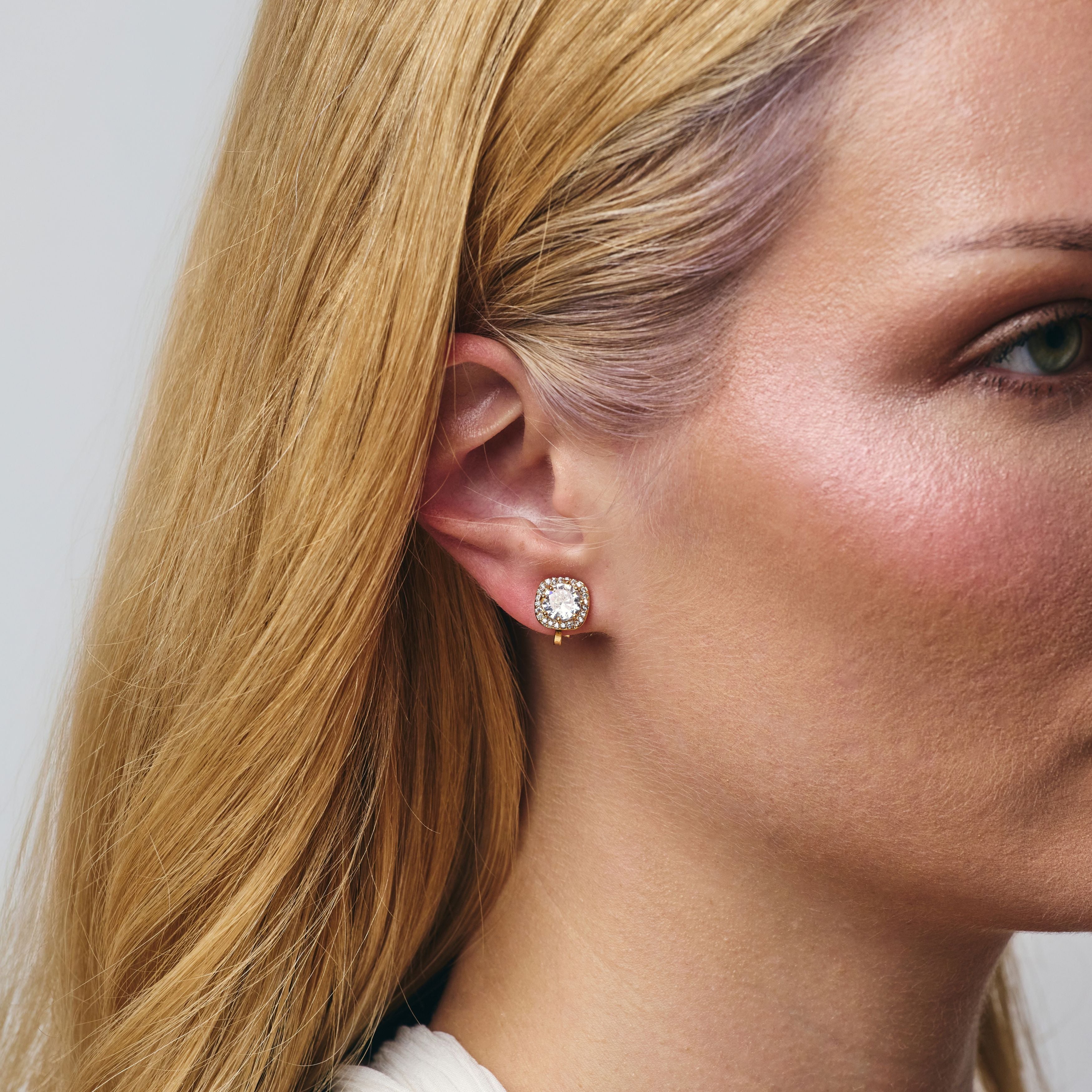 Cushion Stud Clip On Earrings in Gold