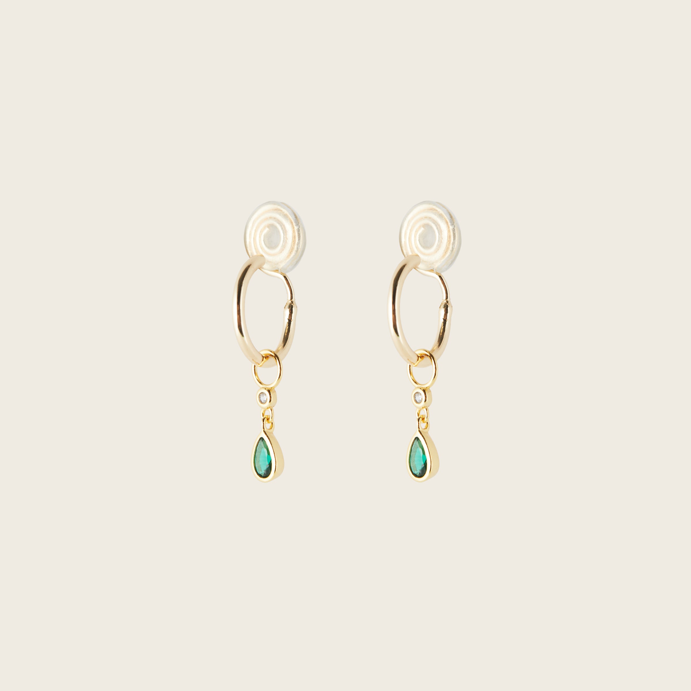 Image of the Emerald Drop Hoop Charms are made with high-quality materials, including 18K gold plating over 925 Sterling Silver. These charms are both non-tarnish and water resistant. The perfect combination of style and durability.
