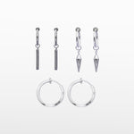 This set of three pairs of clip-on earrings for men features a secure sliding spring closure that best accommodates individuals with smaller or thinner earlobes. The average comfortable wear duration is approximately 2-4 hours, and the hold strength will remain very secure. The earrings are able to adjust to your ear thickness, and the materials are stainless steel. Included are a pair of dagger clip-on earrings, bar clip-on earrings, and classic hoop clip-on earrings (silver).