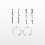 This set of three pairs of clip-on earrings for men features a secure sliding spring closure that best accommodates individuals with smaller or thinner earlobes. The average comfortable wear duration is approximately 2-4 hours, and the hold strength will remain very secure. The earrings are able to adjust to your ear thickness, and the materials are stainless steel. Included are a pair of dagger clip-on earrings, bar clip-on earrings, and classic hoop clip-on earrings (silver).