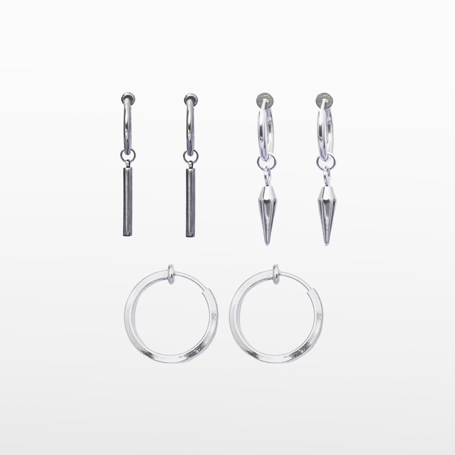 This set of three pairs of clip-on earrings for men features a secure sliding spring closure that best accommodates individuals with smaller or thinner earlobes. The average comfortable wear duration is approximately 2-4 hours, and the hold strength will remain very secure. The earrings are able to adjust to your ear thickness, and the materials are stainless steel. Included are a pair of dagger clip-on earrings, bar clip-on earrings, and classic hoop clip-on earrings (silver).