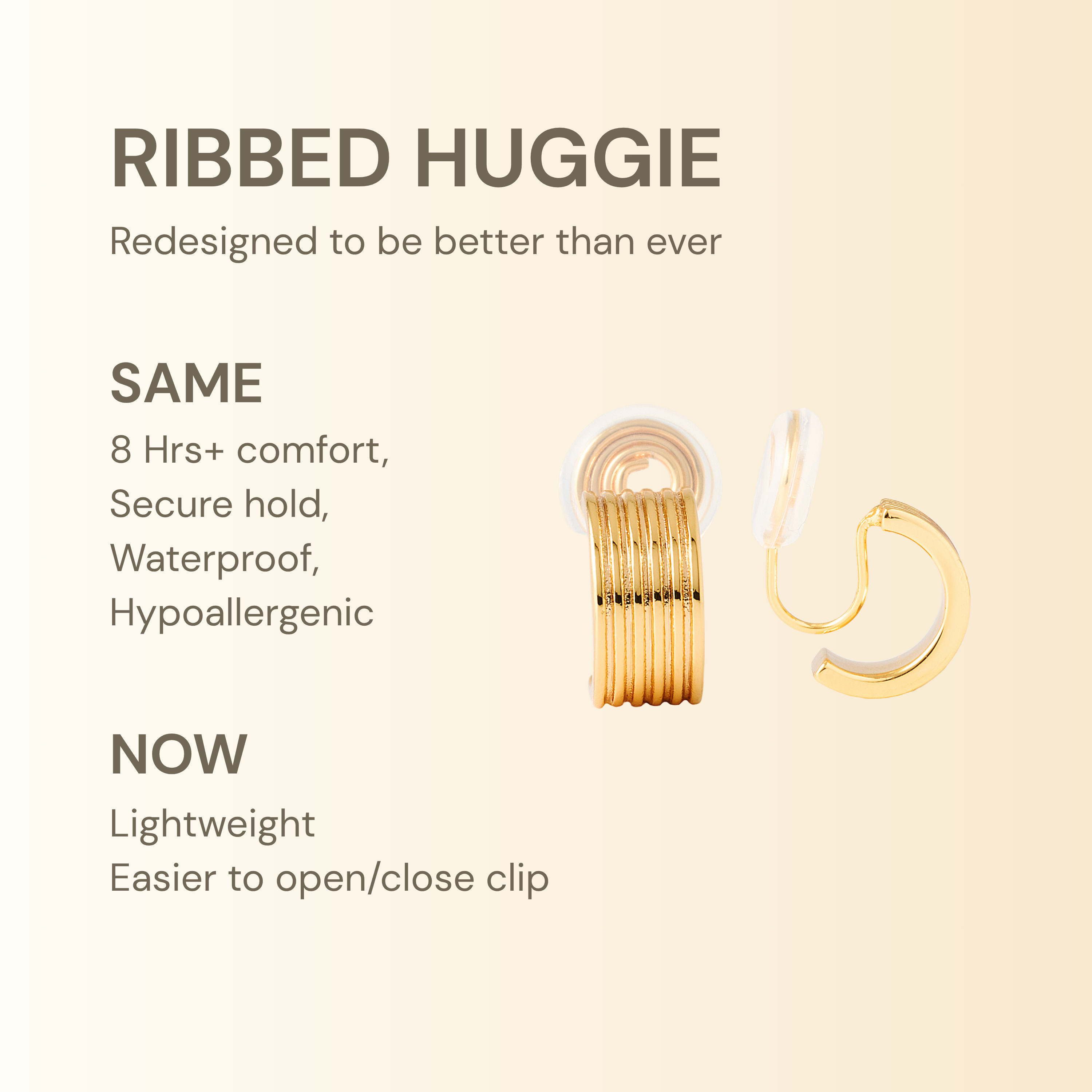 Ribbed Huggie Clip On Earrings in Gold