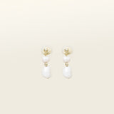 Image of the Duo Pearl Clip-On Earrings in Gold feature a mosquito coil clip-on closure ideal for all ear types. Enjoy medium secure hold and comfortable wear for up to 24 hours - gently squeezing the padding forward once on the ear for adjustable fit. Crafted with freshwater pearls and 18K gold plated stainless steel, each piece features unique natural variations in size and colour.
