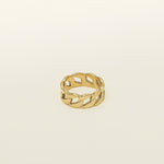 Image of the Cuban Link Chain Ring, crafted with 18K gold plating on stainless steel, delivering dependable protection from discoloration and water damage. Its unique design exudes a fashionable air, certain to make an impression.